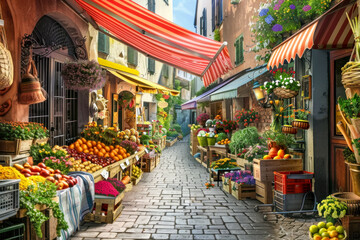 Vibrant Marketplace: Bustling Street with Colorful Fresh Produce and Artisan Goods - obrazy, fototapety, plakaty