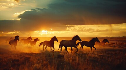 Fototapeta na wymiar Wild horses and rolling thunder a powerful symphony of freedom across the plains