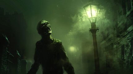 Fototapeta premium Zombie and a flickering street lamp a beacon of hope or a lure to the darkness