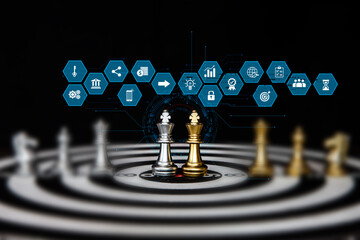 King chess on center bullseye with teamwork icons concepts goal of leadership or wining challenge...