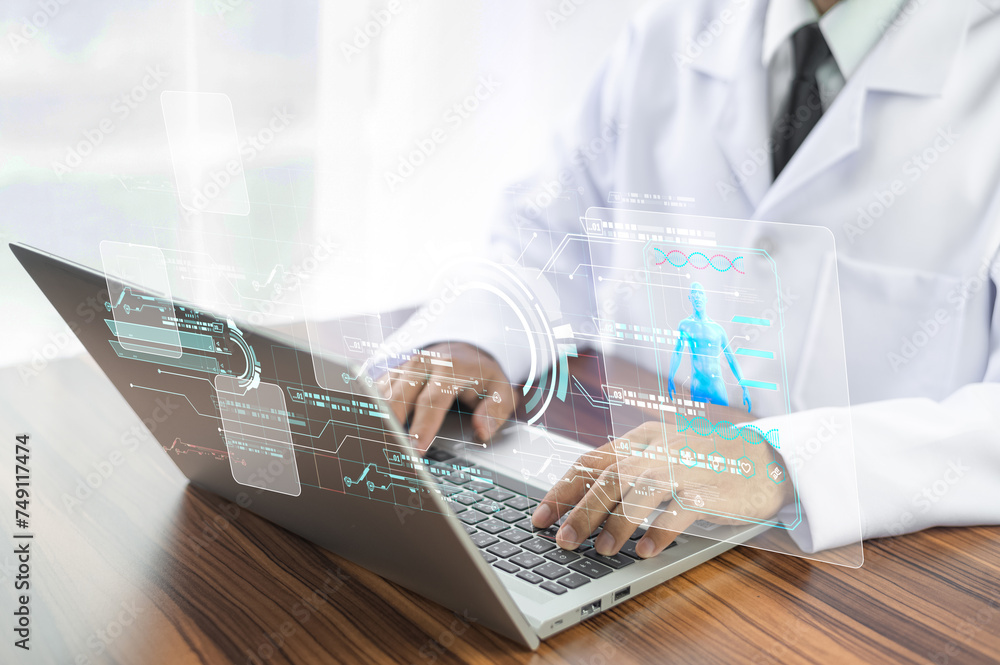 Poster doctor using computer research data for treatment patient and document record management system info