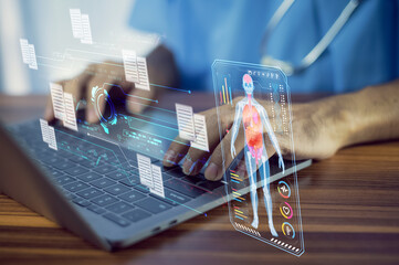 Doctor using computer research data for treatment patient and document record management system infomation support backup. Doctor computer technology and healthcare concept.