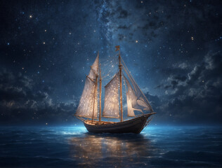 sailing ship at night