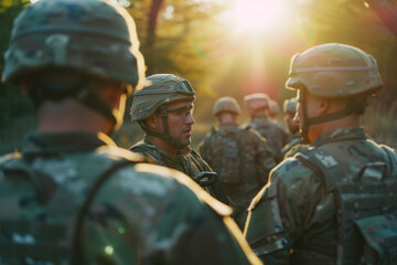 Dawn of Resolve: Soldiers in Camouflage Engage in a Briefing as the Sun Rises