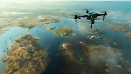 Advanced drones equipped with AI technology roam vast stretches of land collecting and yzing data on biodiversity aiding environmental scientists in their efforts to track - Powered by Adobe