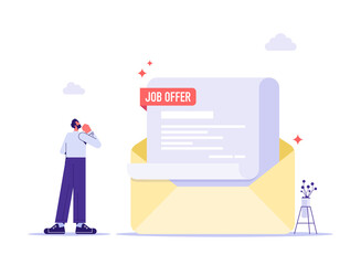 Job offer or job opportunity to be promoted or new position for higher salary, employment and recruitment concept, man employee with receiving mail with job offer