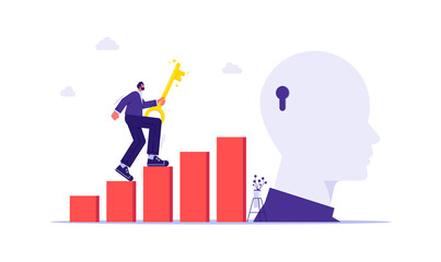 Unlock new skill concept, skill improvement and development, businessman with big key and key hole on head symbol