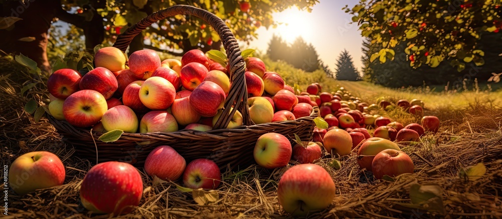 Canvas Prints A basket overflowing with luscious red and yellow apples, showcasing the bountiful autumn harvest from the apple orchard.