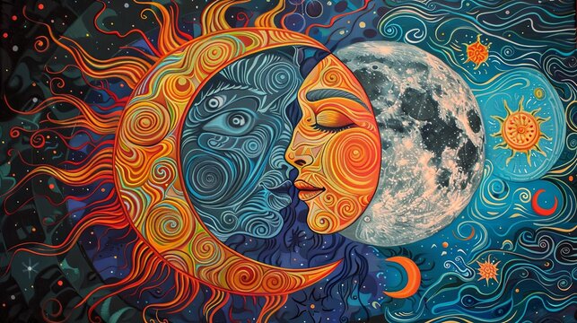 Create a vibrant and intricate art piece depicting the sun and moon embracing in a celestial dance