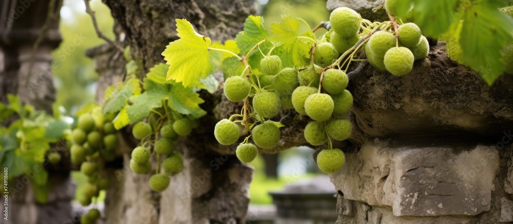 Poster a cluster of grapes dangles from a leafy branch of a grapevine, showcasing the fruit in its natural 
