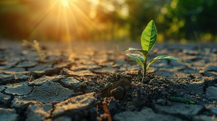 Young plant growing on dry soil with green background under the sunlight. Earth day concept - obrazy, fototapety, plakaty