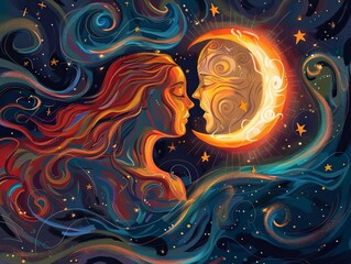 Design a mystical illustration of the sun and moon sharing a tender moment against a backdrop of swirling galaxies