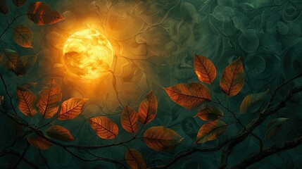Dark Sun through Intricate Leaf Textures, Generative AI