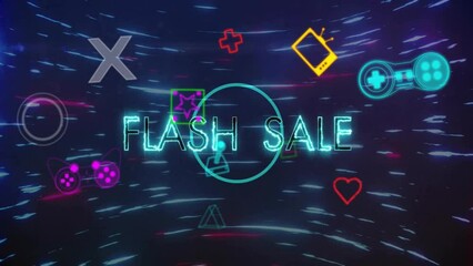 Animation of neon gaming icons and flash sale text over light trails on black background - Powered by Adobe