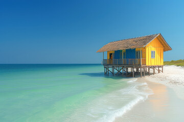 Fototapeta premium Bungalow on the Tropical Perfect White Sand Beach extreme closeup. Generative AI