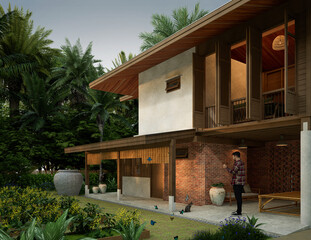Fototapeta premium 3d rendering of tropical house design. home garden Exterior design of spacious modern architecture 