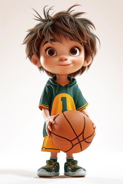 Cute Cartoon Athlete Boy Plays Basketball extreme closeup. Generative AI.
