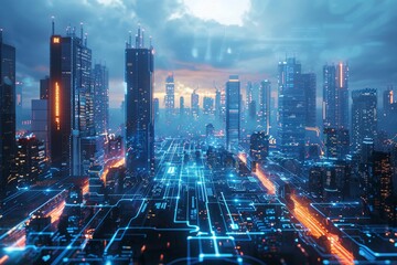 Smart city concept with eco-friendly tech solutions like IoT connected public services, energy-efficient buildings, and clean transport, digital overlay on urban landscape future city