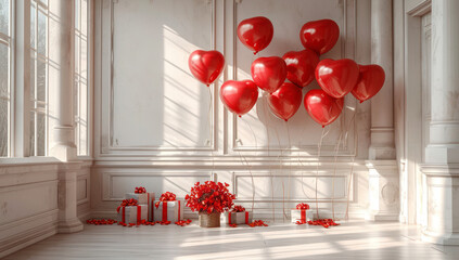 Celebration Concept. Gift Boxes and Balloons in Shape of Heart extreme closeup. Generative AI