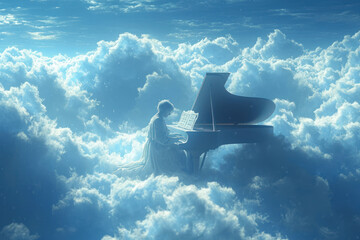 Man Enjoying Music While Playing Piano in the Clouds extreme closeup. Generative AI - obrazy, fototapety, plakaty