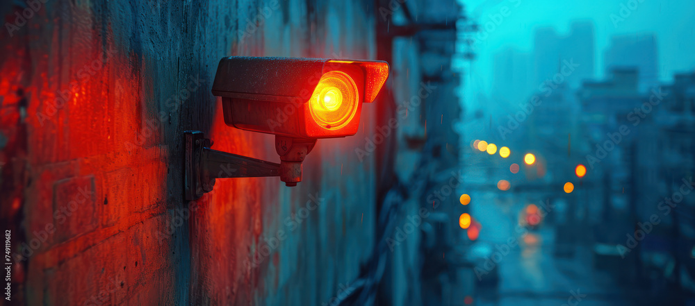 Poster security camera with infrared light on the side of a building extreme closeup. generative ai