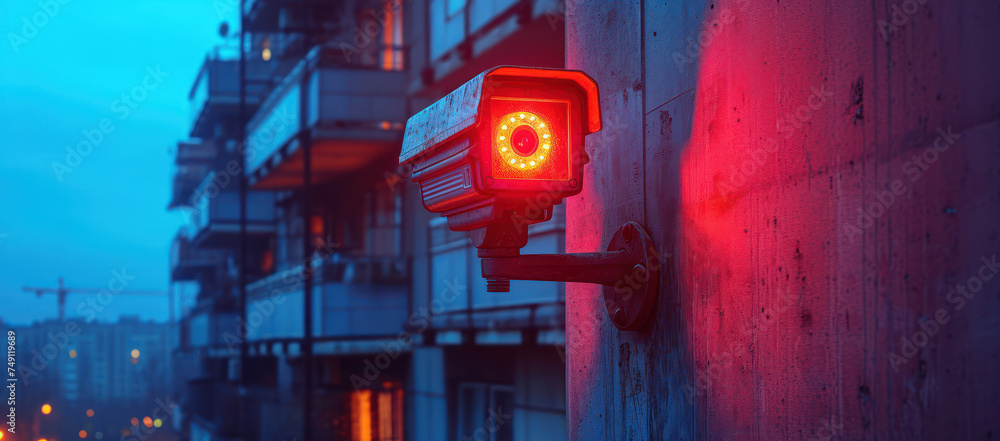 Poster security camera with infrared light on the side of a building extreme closeup. generative ai