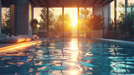 Modern architecture design luxury indoor swimming pool with large windows in soft sunset light