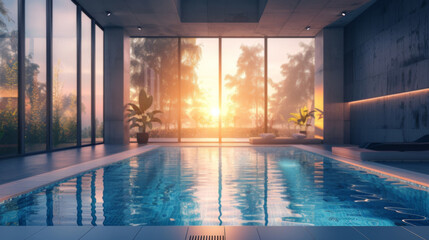 Obraz na płótnie Canvas Modern architecture design luxury indoor swimming pool with large windows in soft sunset light