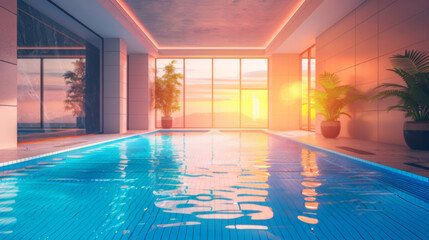 Modern architecture design luxury indoor swimming pool with large windows in soft sunset light