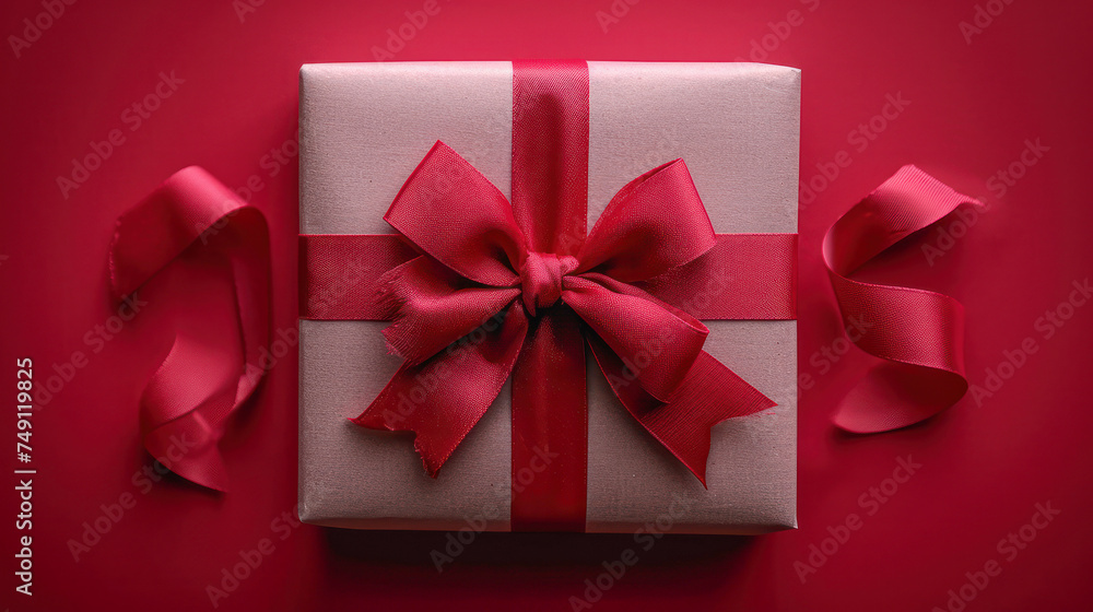 Poster white gift box with red ribbon and bow on a red background. generative ai