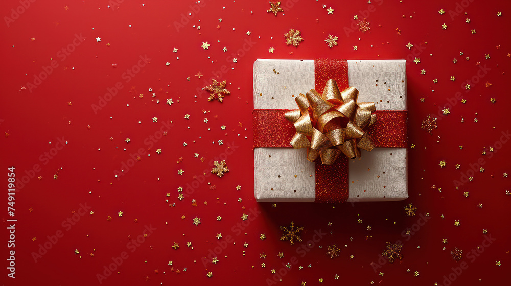 Poster white gift box with red ribbon and bow on a red background. generative ai