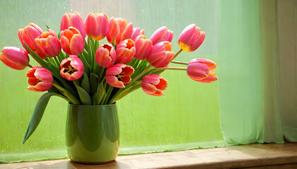 Pink Tulips, Vase, Table, Flowers, Floral, Bouquet, Decoration, Decor, Bloom, Petals, Spring, AI Generated