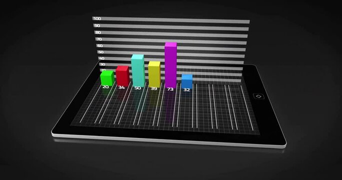 Animation of colourful diagrams and data processing on tablet screen