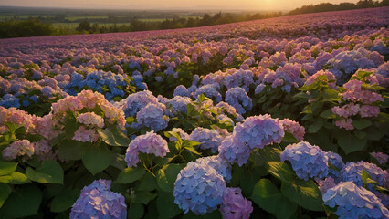 A vast field stretching to the horizon covered in a sea of hydrangea flowers in full bloom and the flowers form a mesmerizing tapestry of colors, ranging from soft pinks to deep purples - obrazy, fototapety, plakaty