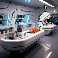 A futuristic kitchen with robotic chefs.