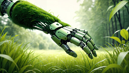Green technology conceptual design robotic hand - obrazy, fototapety, plakaty