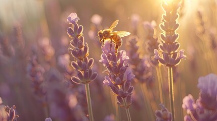 Honey bee pollinates lavender flowers. Soft focus. Close-up macro image with blurred background. Up close with a honey bee on lavender petals. Nature's intricate dance. - obrazy, fototapety, plakaty