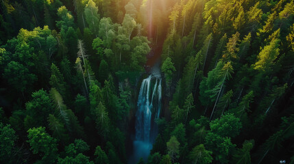 Spectacular aerial view of a waterfall hidden in the forest
