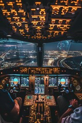 The plane is coming in to land. The view from the cockpit of the night city below. Nighttime approach: urban panorama.