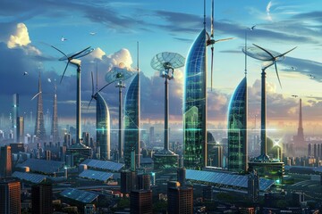 Cyberpunk A futuristic renewable energy complex with vertical wind turbines and high-efficiency solar panels in an urban setting Scenic contrast: glittering city at night, another bathed in sunset - obrazy, fototapety, plakaty
