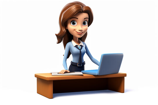 Beautiful girl cartoon give lecture in class on laptop