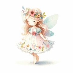 Fototapeta premium Spring fairie. watercolor illustration, Perfect for nursery art, Fairytale princess clipart. isolated on a white background.
