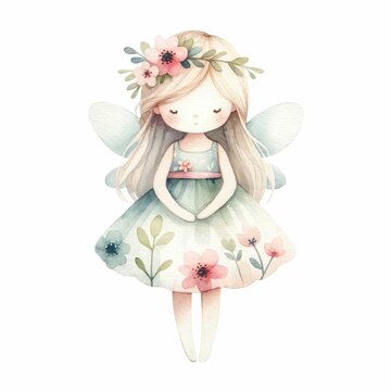 Spring fairie. watercolor illustration, Perfect for nursery art, Fairytale princess clipart.  isolated on a white background.