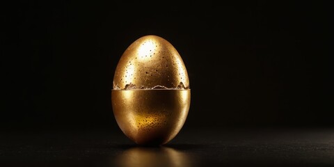 Lustrous golden egg on a dark background with shimmering light spots