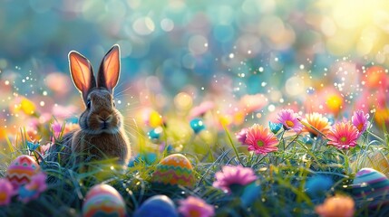 Abstract Defocused Easter Scene - Ears Bunny Behind Grass And Decorated Eggs In Flowery Field.