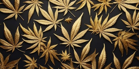 Fototapeta premium Luxury golden background with cannabis leaves. Minimal trendy design wallpaper marijuana. Black and gold leaves cannabis