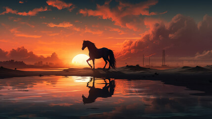 Silhouette of a Animal on the sunset landscape background - obrazy, fototapety, plakaty