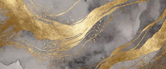 Luxury grey watercolor and gold texture background. Abstract hand drawn art - obrazy, fototapety, plakaty