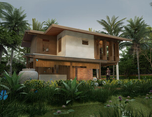 Fototapeta na wymiar 3d rendering of tropical house design. home garden Exterior design of spacious modern architecture 