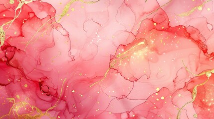 Abstract rose blush liquid watercolor background with golden lines, dots and stains. Pastel marble alcohol ink drawing effect